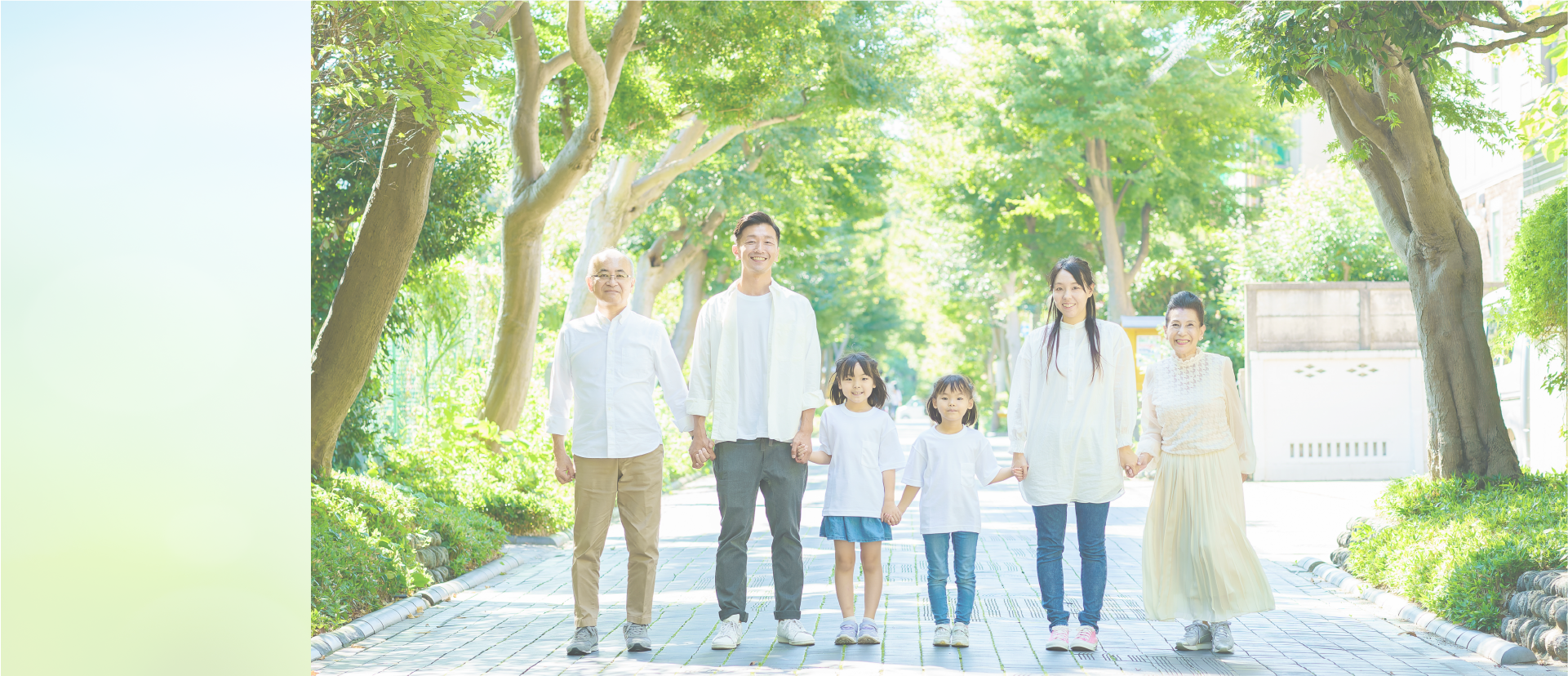並木道を手をつないで歩く三世代のご家族